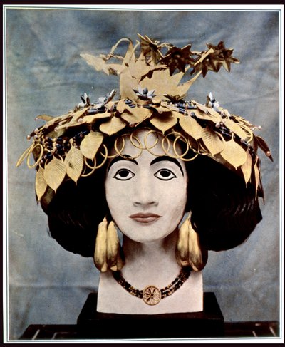 Sumerian headdress worn by Queen Shub-ad, discovered in Ur by Mr C. Leonard Woolley and published in the Illustrated London News, 1928 by English School